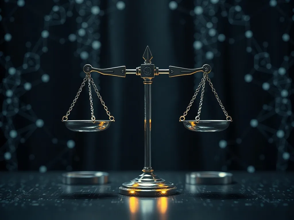 Abstract high-tech digital law concept, glowing legal scales