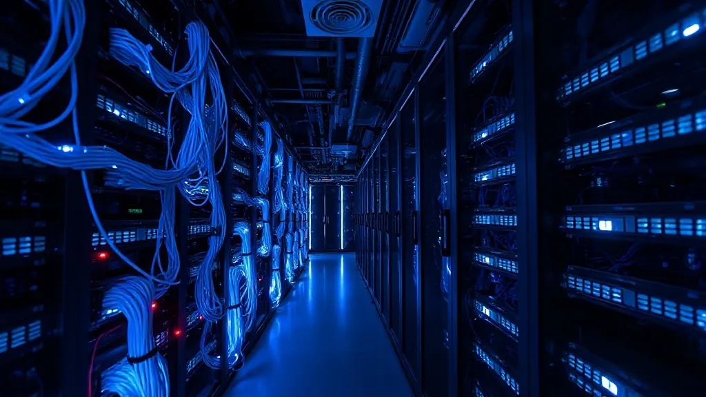 Dark high-tech server room with glowing blue and white fiber