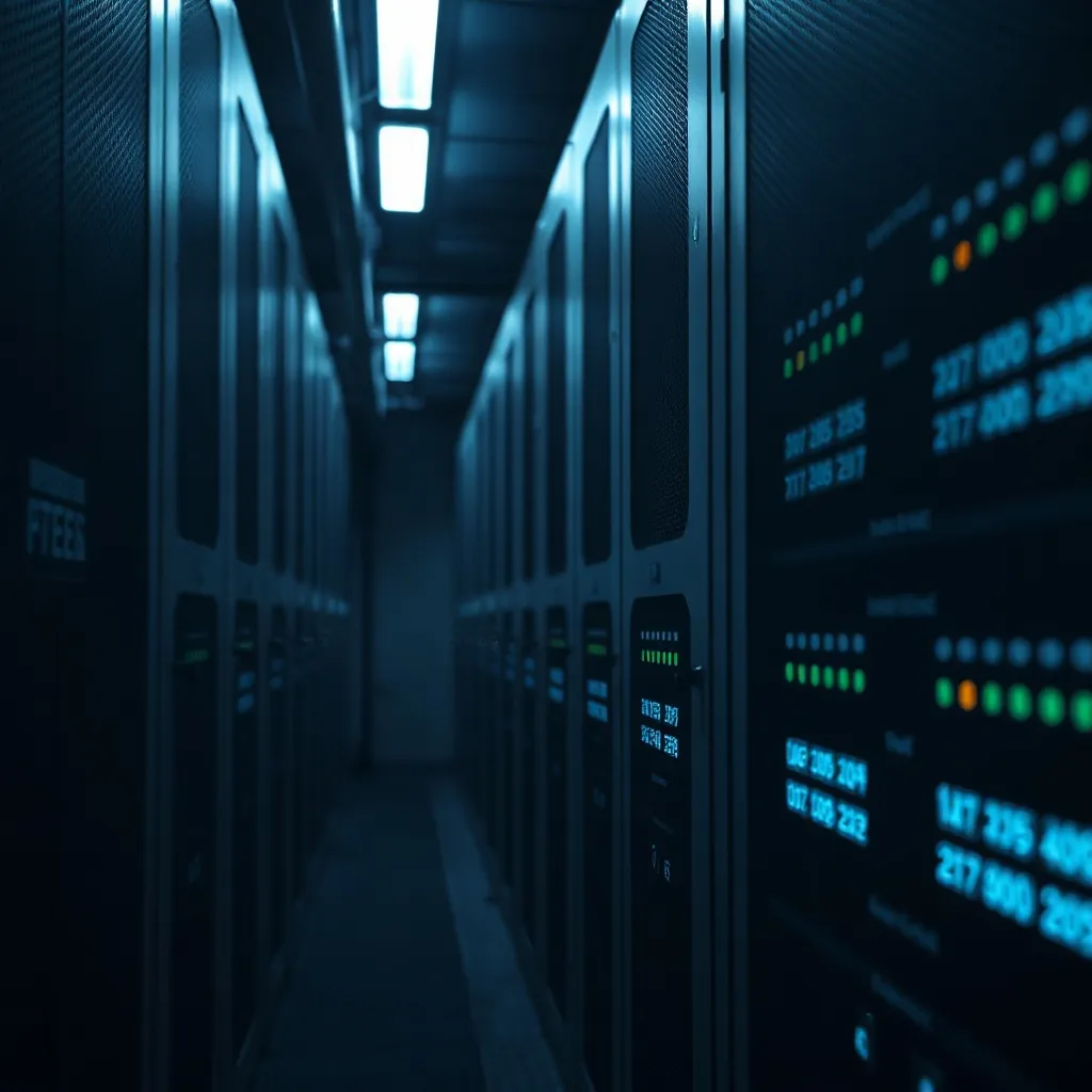 Cinematic close-up of a dark server room with minimalist LED