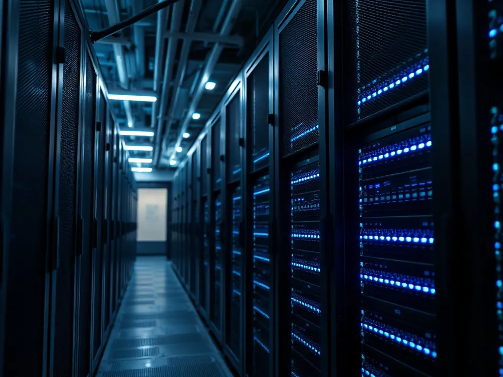 High-tech server room with dark racks and blue LED indicator