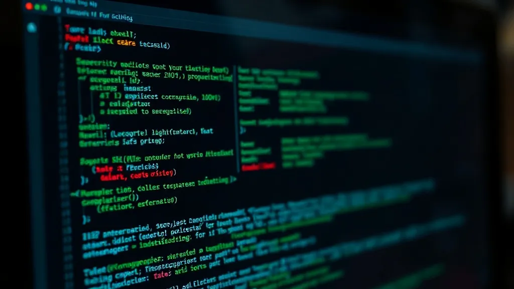 Close-up of a dark computer screen showing lines of code, te
